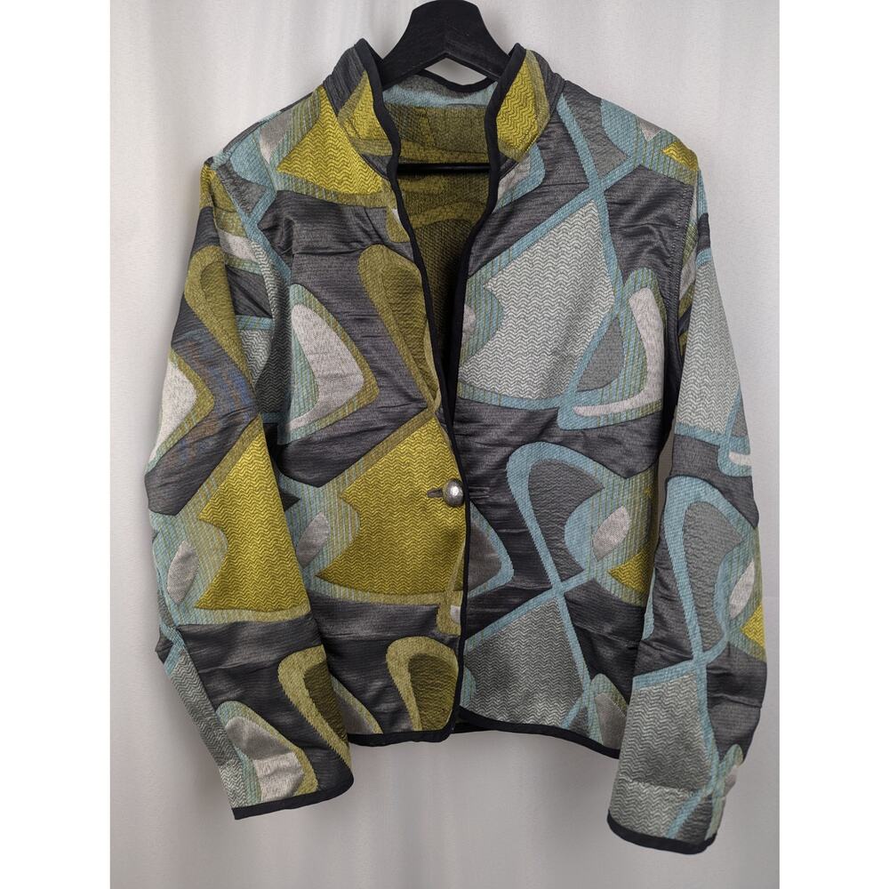 Trimdin Reversible Artisanal‎ Fabric Jacket Women's Size Large Yellow Green Blue